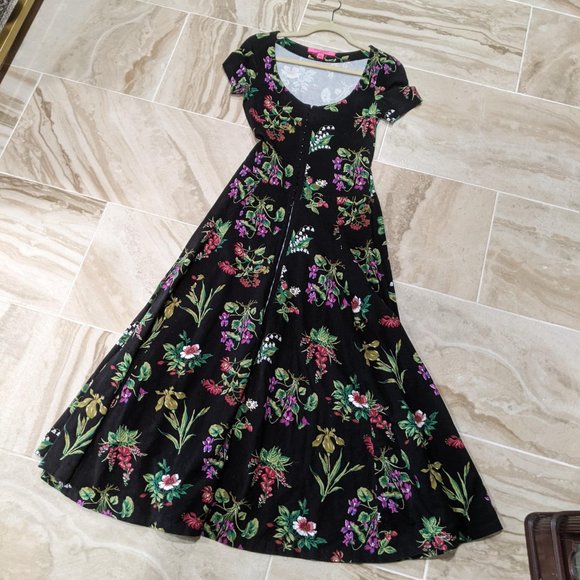 Betsey Johnson Black Floral Maxi Short Sleeve Dress for Urban Outfitters XS - Picture 3 of 9